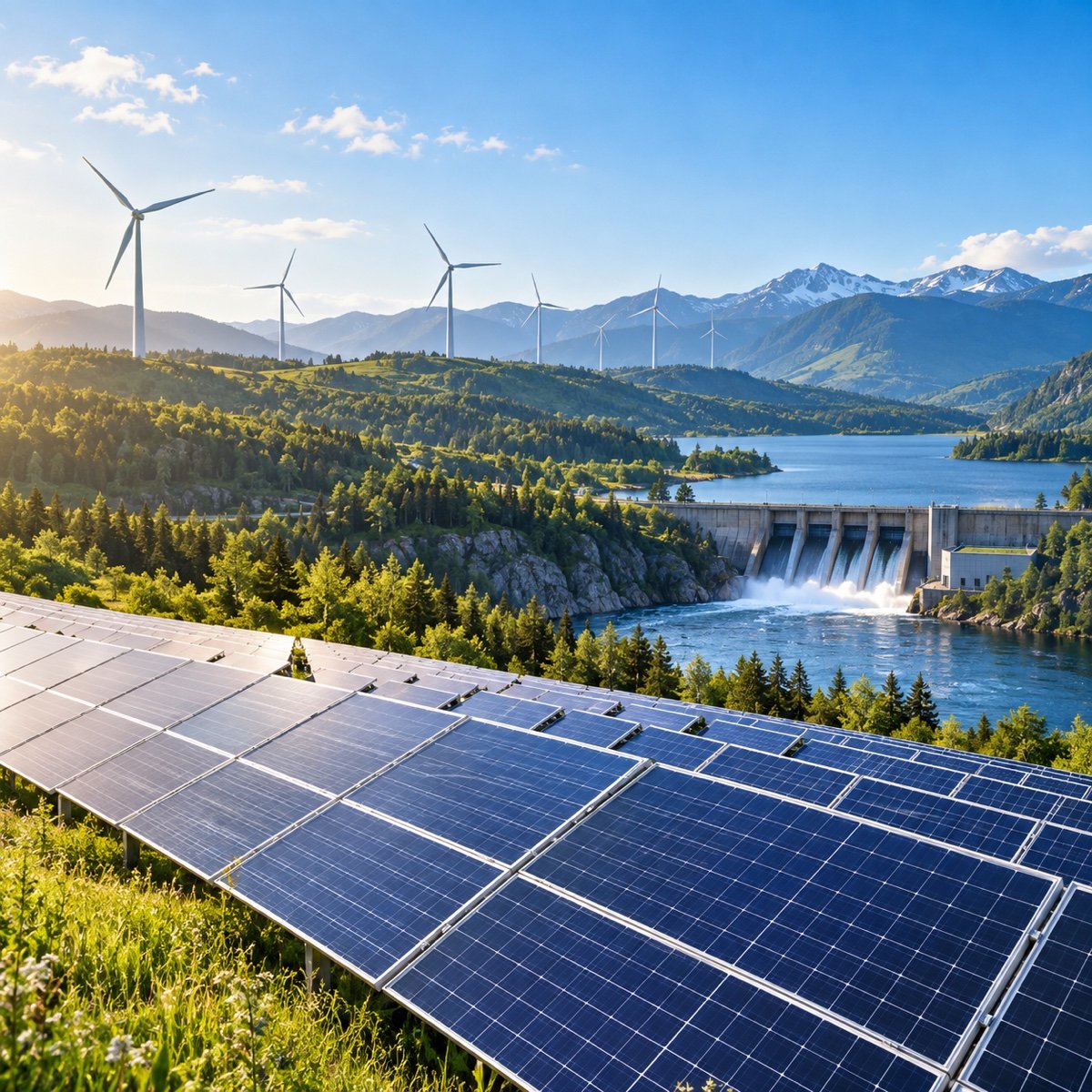 Solar panels and wind turbines